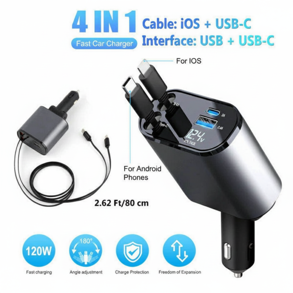 New 4in1 Car Charger With Smart Voltage Super Fast Charging Supported