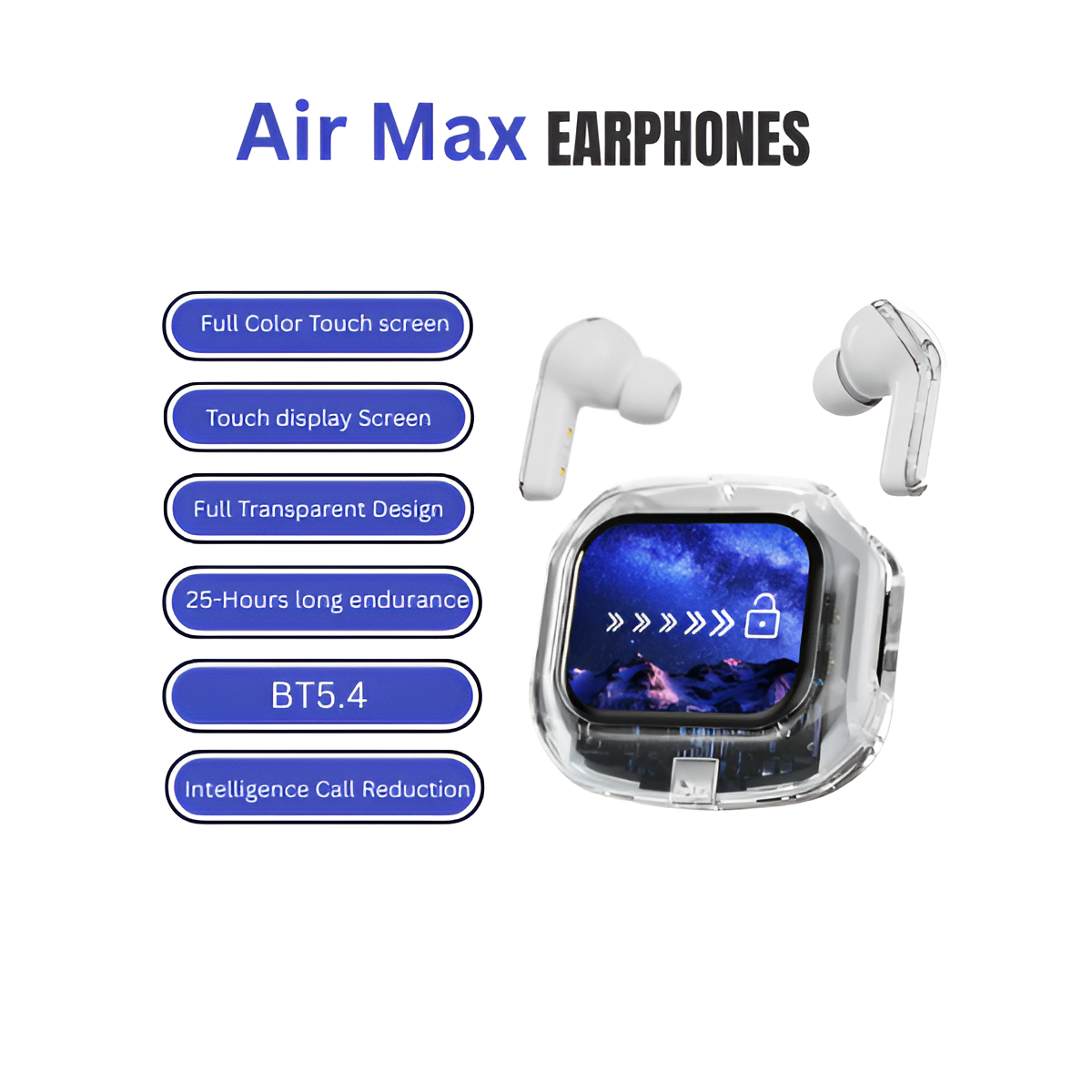 Latest Air Max LCD Display Transparent Earbuds Full Touch Screen 2025