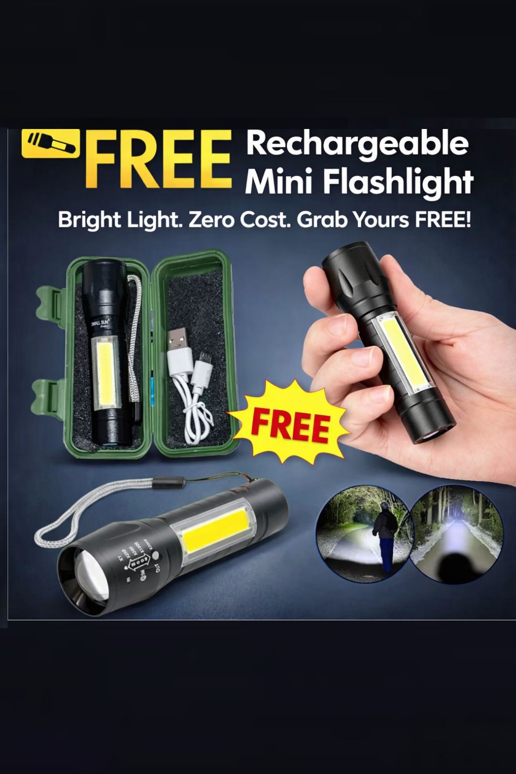 6 in 1 USB Rechargeable LED Flashlight with Side COB Light & 12000mAh Battery + Emergency Power Bank