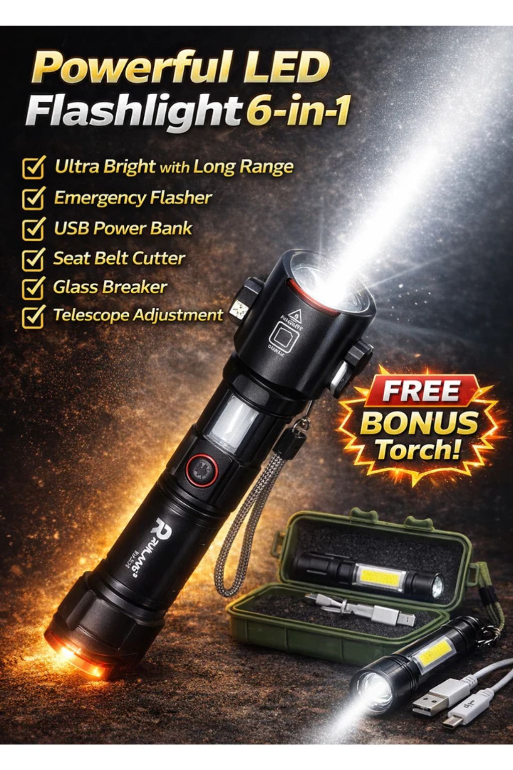 6 in 1 USB Rechargeable LED Flashlight with Side COB Light & 12000mAh Battery + Emergency Power Bank