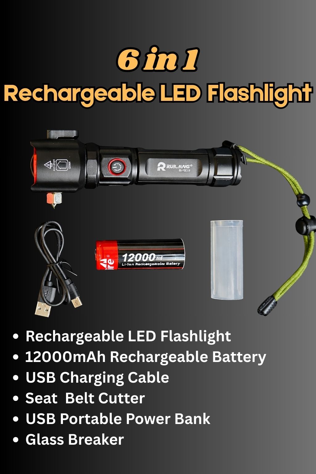 6 in 1 USB Rechargeable LED Flashlight with Side COB Light & 12000mAh Battery + Emergency Power Bank